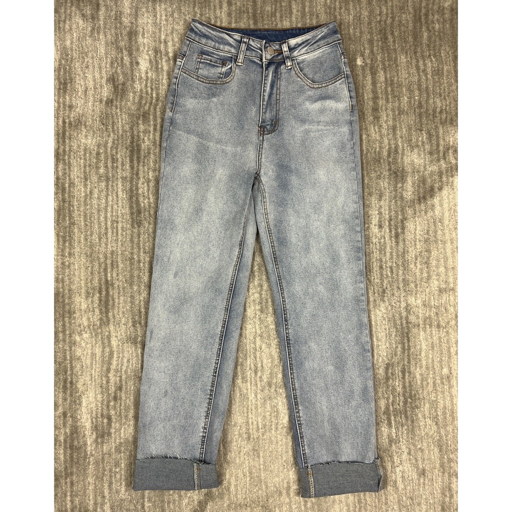 SHEIN Jeans Womens 25 Light Blue High‎ Rise Straight Leg Raw Hem Cuffed Denim